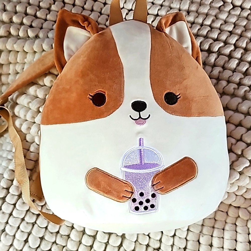 Squishmallows Brown, White & Purple Corgi Backpack with Boba Patch